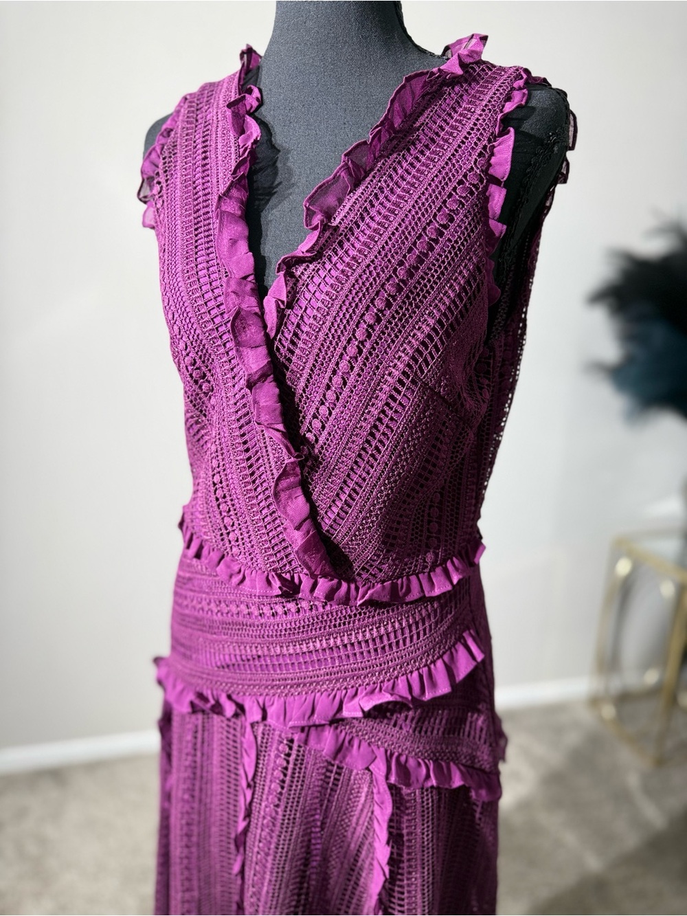 Sundance Boho Purple Crochet Lace Ruffle Midi Dress⁠  size Small - Picture 3 of 9